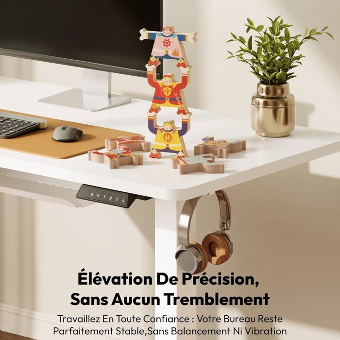 SANODESK 140x60cm Bureau Assis Debout Électrique, avec Système Anti-Collision et Fonctions Mémoires, Crochet/Porte-gobelet, Blanc