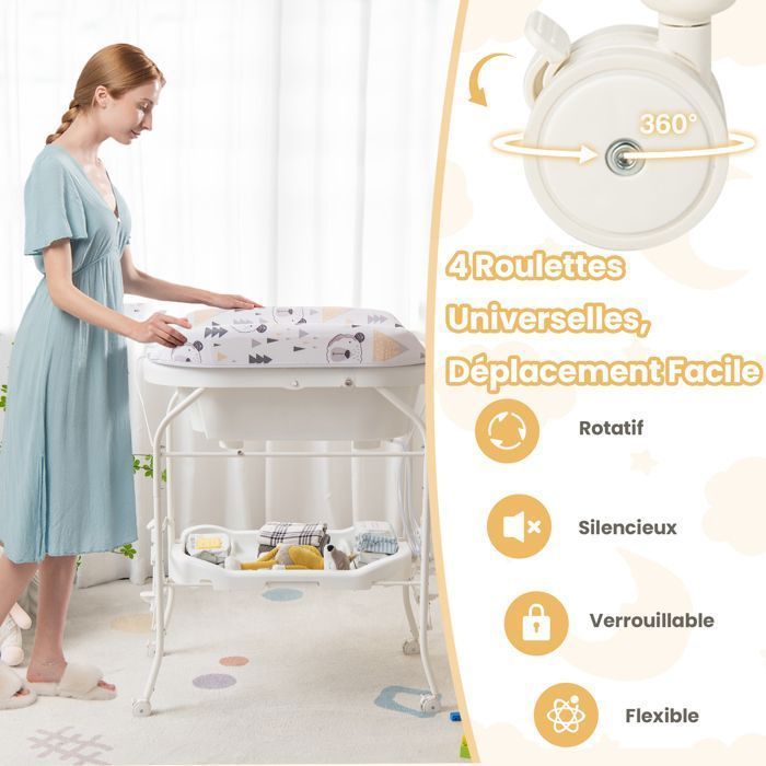 Cambiador plegable 4 en 1 para bebés COSTWAY con bañera (20 L) - 4 ruedas, manguera de 1 m, bandeja de almacenamiento, cojín de PVC impermeable - Capacidad de 35 kg - Blanco