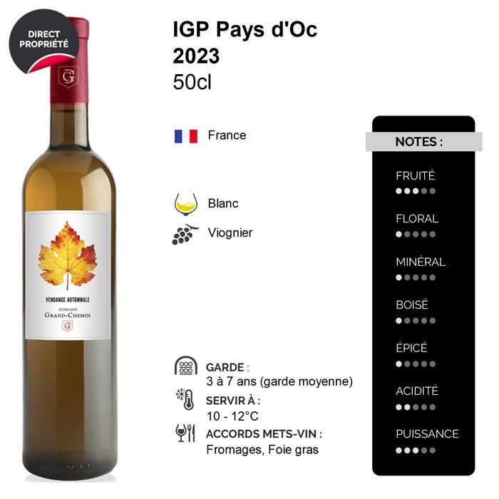Domaine Grand-Chemin Pays d'Oc Vendange Automnale 2023 - Vin Blanc du Languedoc - Roussillon (6x50cl) HVE
