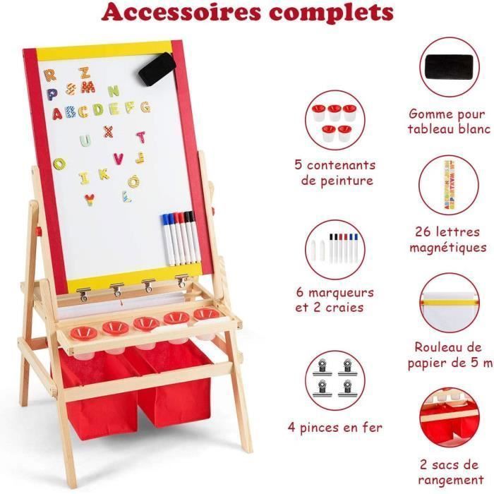 GOPLUS Chevalet Enfants en Bois Double Face 3 en 1,Tableau Noir/Blanc Magnétique avec Boîte de Rangement et Accessoires Complet