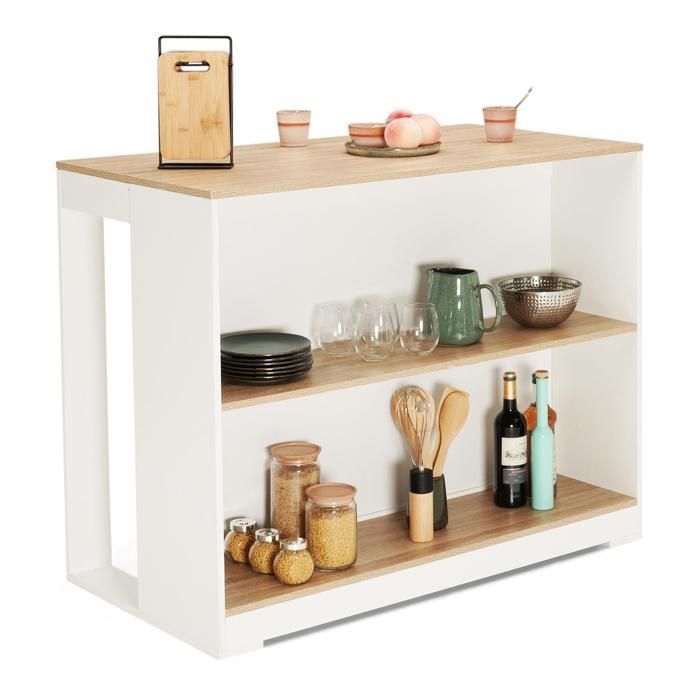 IDMARKET Table de bar îlot JUNO bois blanc et plateau façon hêtre
