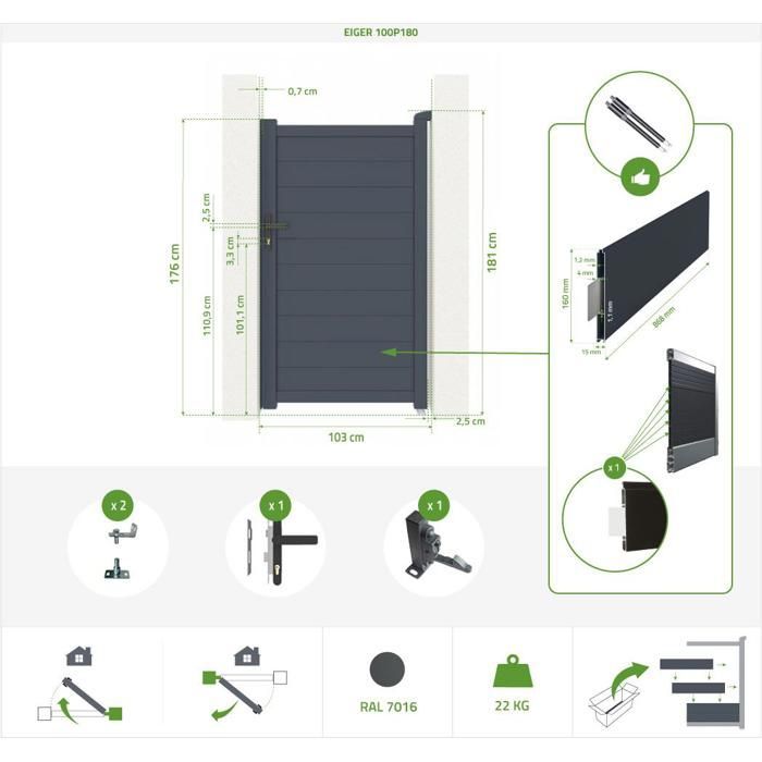 Conjunto de puerta corredera y puerta peatonal - Casanoov - EIGER - 3,5 m de altura (178 cm) / Puerta peatonal de 1 m de altura (178 cm) - Gris antracita - Aluminio