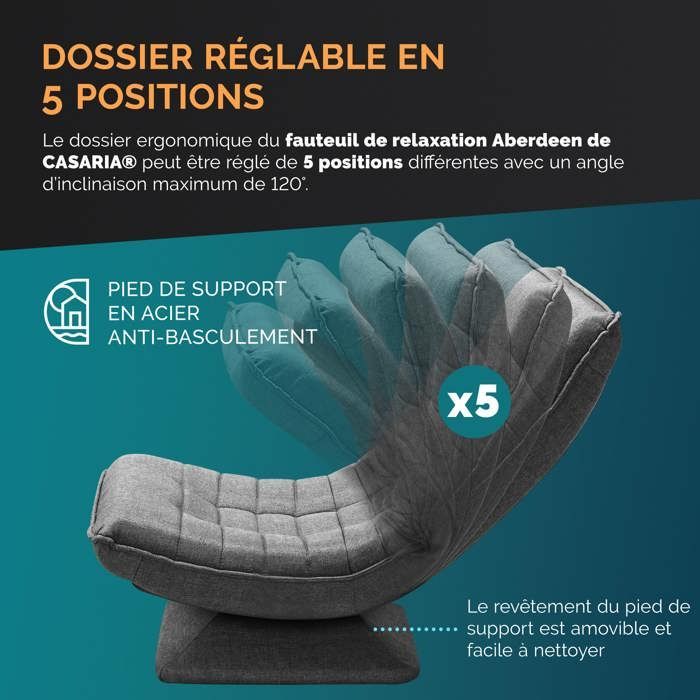 CASARIA® Fauteuil tout confort pivotant à 360° Gris capacité de charge de 150kg siège de gaming 58x57x84/87cm relaxation