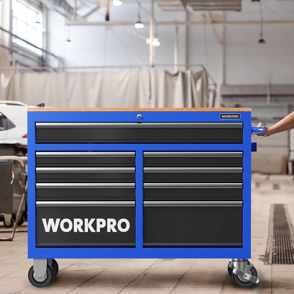 WORKPRO 46-Zoll-Werkzeugwagen mit 9 Schubladen, mobiler Werkzeugschrank mit Holzplatte, ausgestattet mit Rollen, Griff, Schubladeneinlage und Verriegelungssystem, Tragkraft: 544 kg