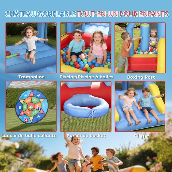 Château gonflable 5 en 1 avec souffleur, parc aquatique structure gonflable, toboggans, trampoline, multicolore