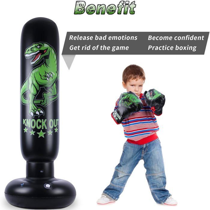 Saco de boxeo de dinosaurio para niños - Saco de boxeo independiente de 160 cm con guantes de boxeo - Juguetes deportivos de dinosaurios feroces