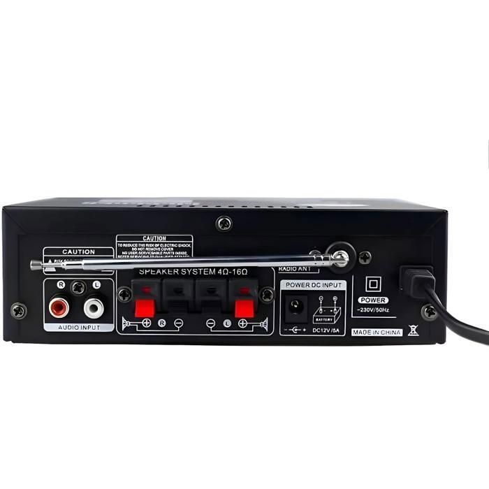Amplificador HiFi, Bluetooth 5.0, micrófonos duales, 2 canales, múltiples interfaces, con control remoto, negro.