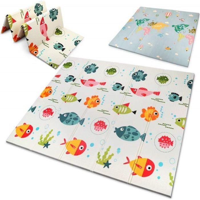 Faltbare Babyspielmatte 200 x 180 x 1,5 cm mit Fisch- und Weltkartenmotiv, beidseitig rutschfest