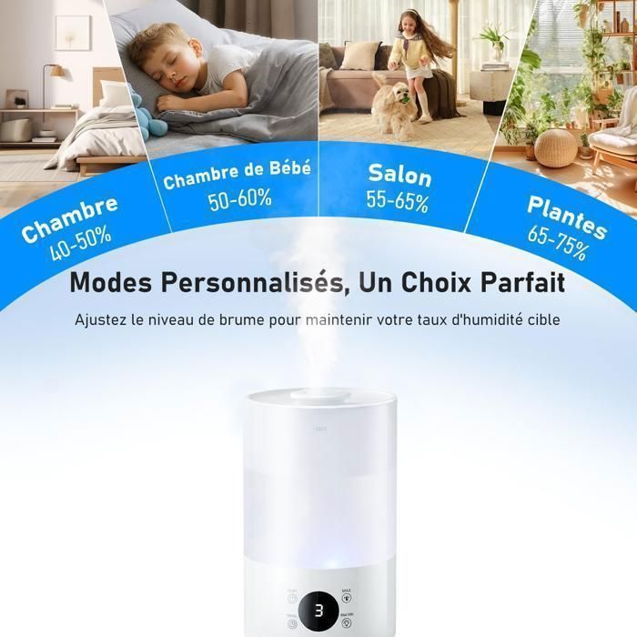 Humidificador AIMIUVEI - 4L - Boquilla de 360° - Apagado automático - 300ml/h - Pantalla LED - Luz nocturna silenciosa para oficina, bebés y plantas