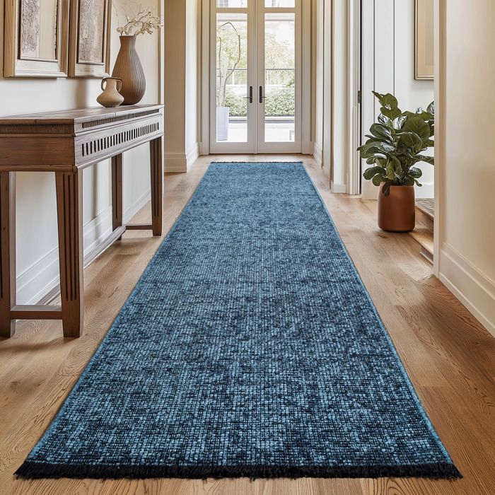 SIMPEX, Tapis Runner en Coton Chenille Bleu 80x250 cm  Lavable, Style Boho, Vintage Kelim, Pour Cuisine, Chambre & Couloir