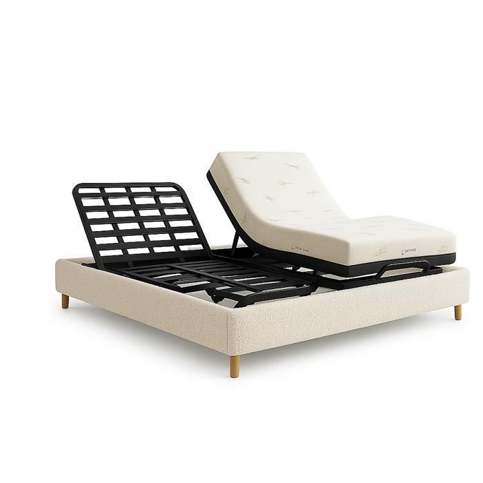 Juego de cama eléctrica beige de 200x200 mm – Base de láminas para relajación + borde con bucles + colchón