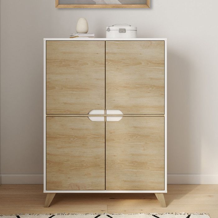 Mueble de almacenamiento IDMARKET HELSINKI de 4 puertas, estilo escandinavo, blanco y madera.