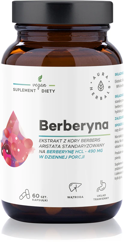 Cápsulas de Berberina 490 mg da Aura Herbals, suplemento alimentar à base de ervas para manter níveis normais de açúcar no sangue.