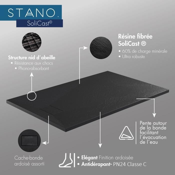 Piatto doccia extrapiatto PIATTO in superficie SoliCast® 90x120 effetto ardesia, bianco