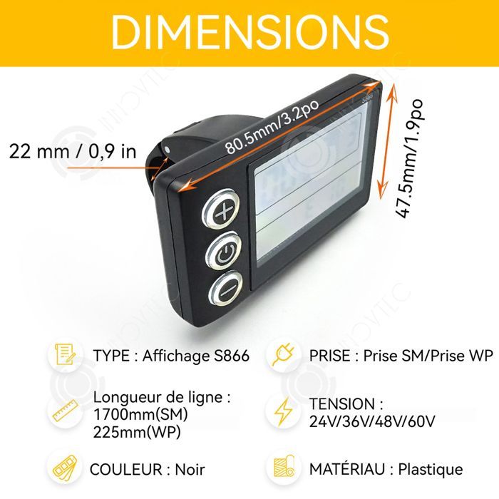 INN Compteur de vélo 24V/36V/48V/60V Compteur de vitesse de vélo Facile à utiliser Grand écran Écran rétroéclairé Pratique noir
