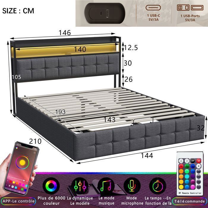 Lit 140x190 cm avec LED, COZY, LED, tissu en lin, cadre de lit double 140x190 cm avec USB et Type C, gris