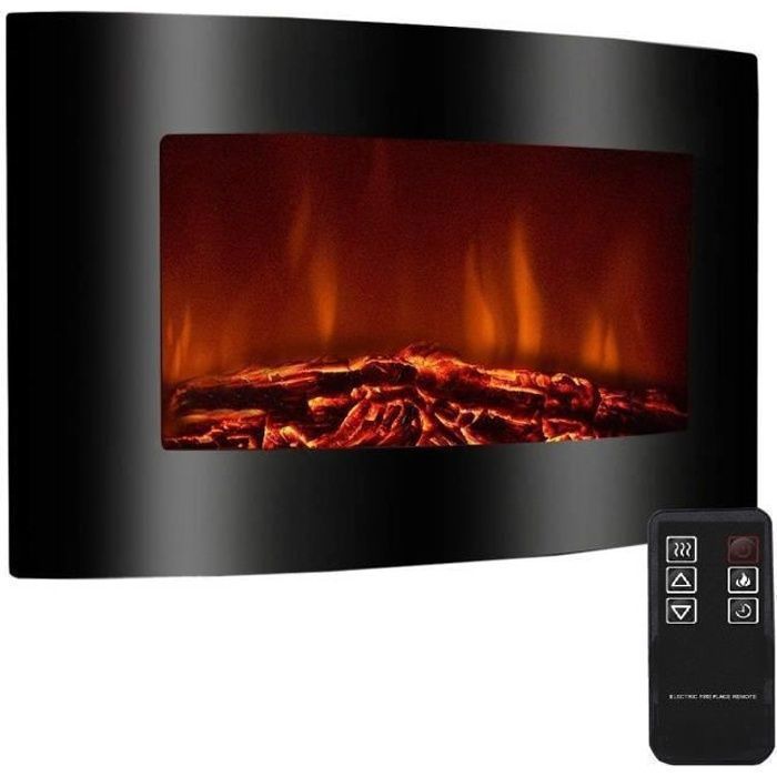 Wall-mounted electric fireplace, realistic LED flame effect, 2000W heater, black curved design, remote control, thermostat, energy saving