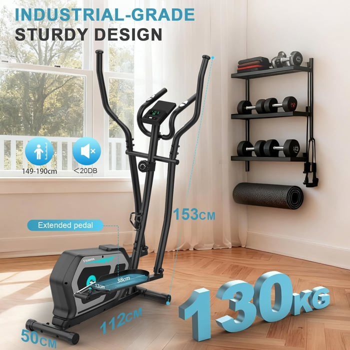 Elíptica silenciosa 3 en 1, 16 niveles de resistencia, peso máximo 130 kg, pantalla LCD, compatible con aplicación, ideal para entrenamiento cardiovascular en casa, color negro y azul.