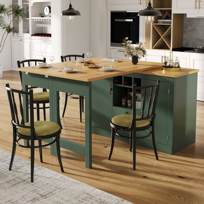 Îlot de Cuisine Extensible 120-180 cm avec Rangement et Porte-Bouteilles, Table de Repas Pivotante 360°, Table Haute, Vert
