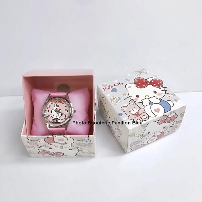 Reloj infantil - Diseño - Hello Kitty - Piel - Rosa - Esfera - Acero - Gris - Cuarzo - Números arábigos