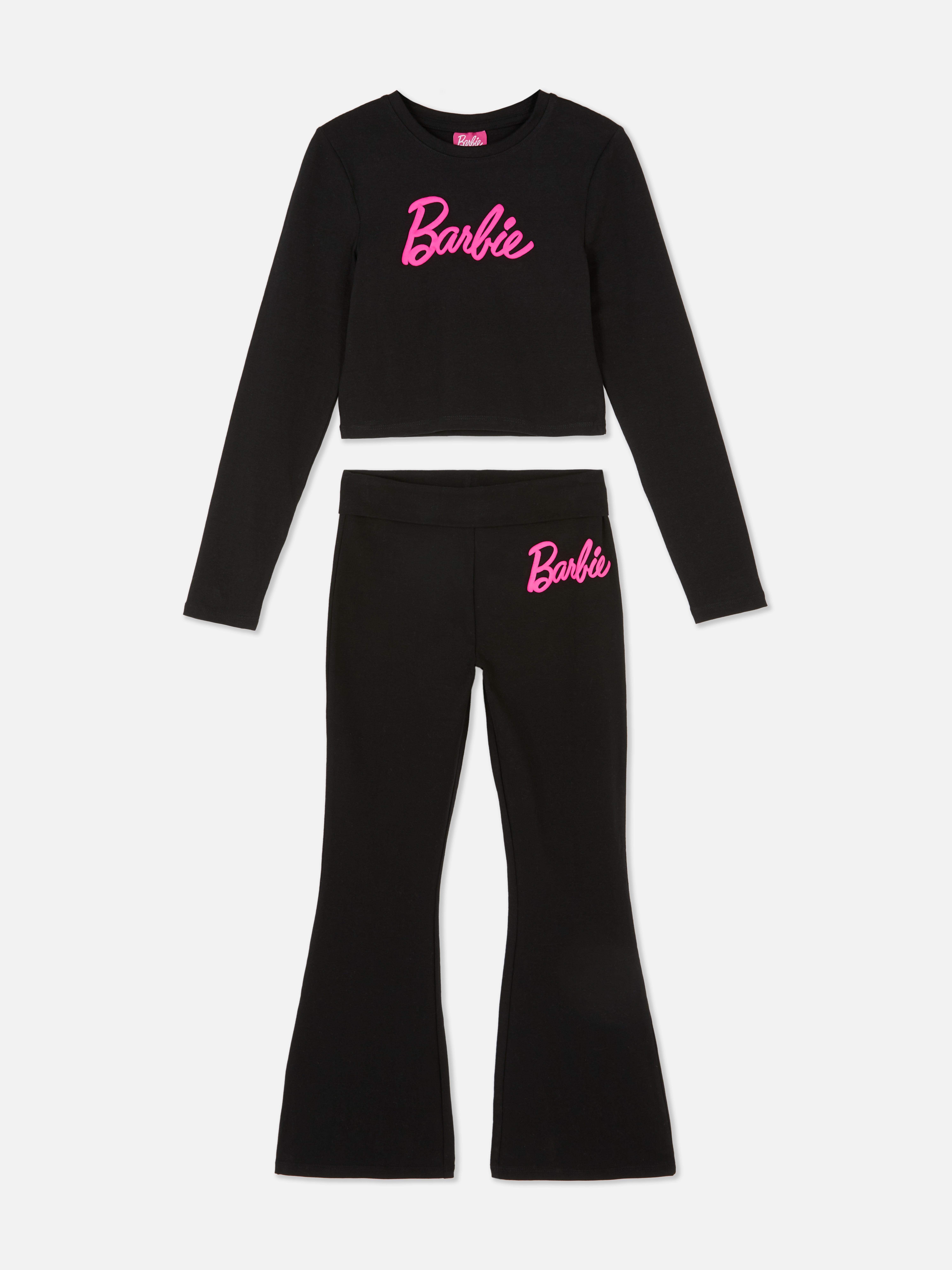 Top cu mânecă lungă Barbie și colanți evazați. Un top cu mânecă lungă asortat și colanți evazați cu imprimeu Barbie.