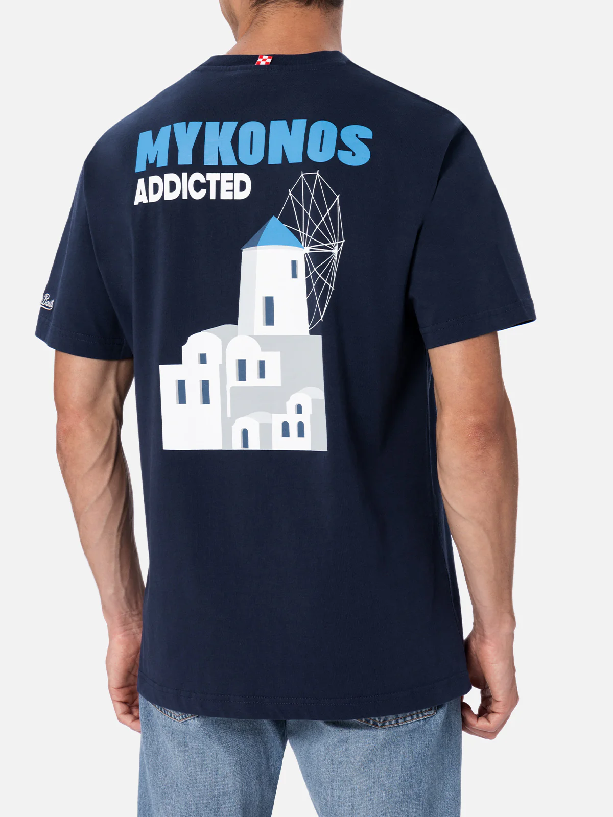T-shirt da uomo in cotone con stampa piazzata cartolina Mykonos Addict