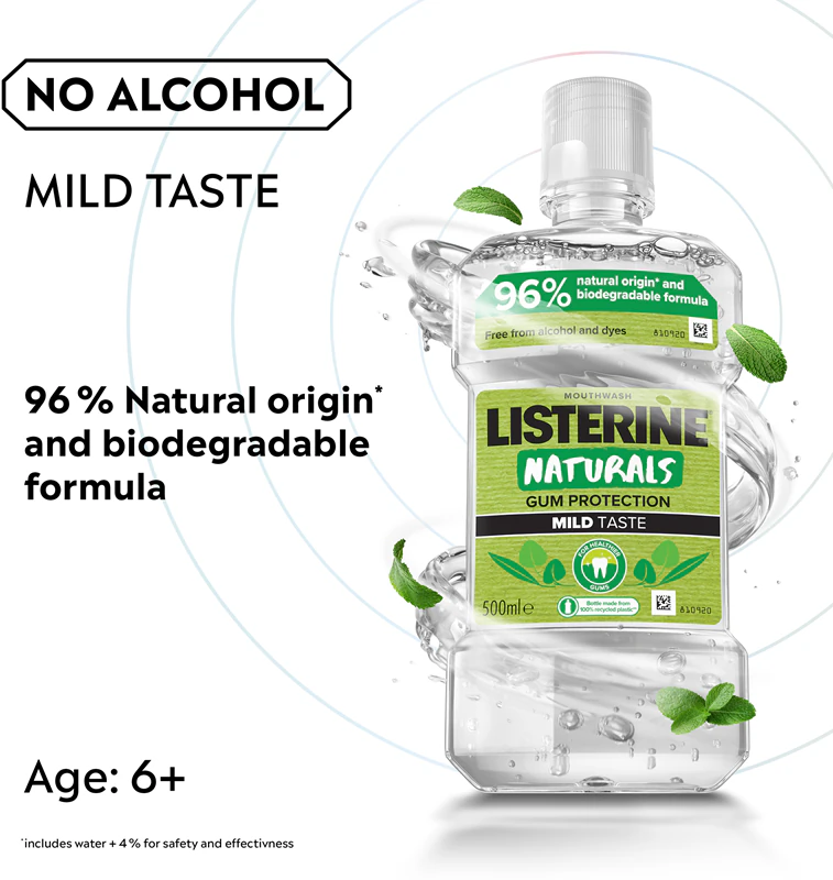 Enxaguante bucal Listerine Naturals para proteção das gengivas