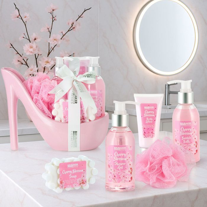 BRUBAKER Cosmetica - Bad- en beautyset - Kersenbloesem - 6-delig - Decoratieve pomp - Roze - Cadeau-idee voor vrouwen