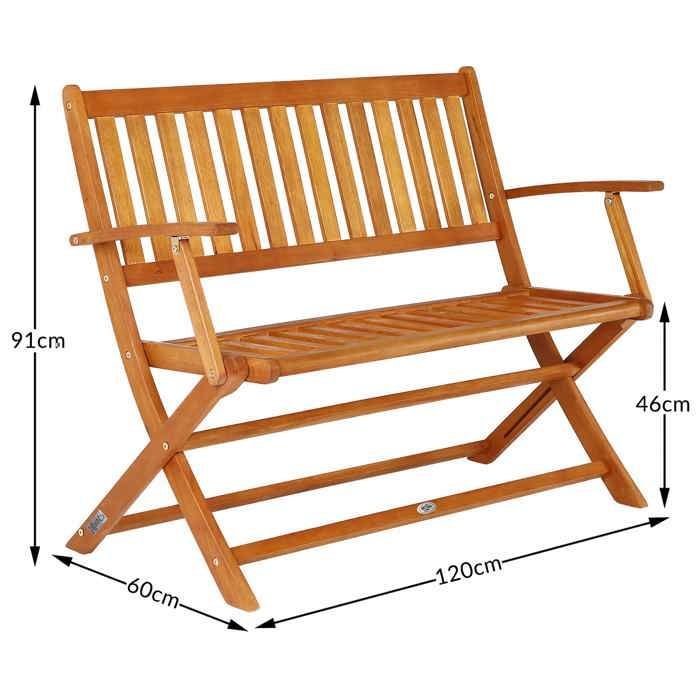 Banco de jardín plegable, madera de eucalipto con certificación FSC®, 2 plazas, 4 patas resistentes, banco de madera preaceitado para patio, balcón y otros muebles.