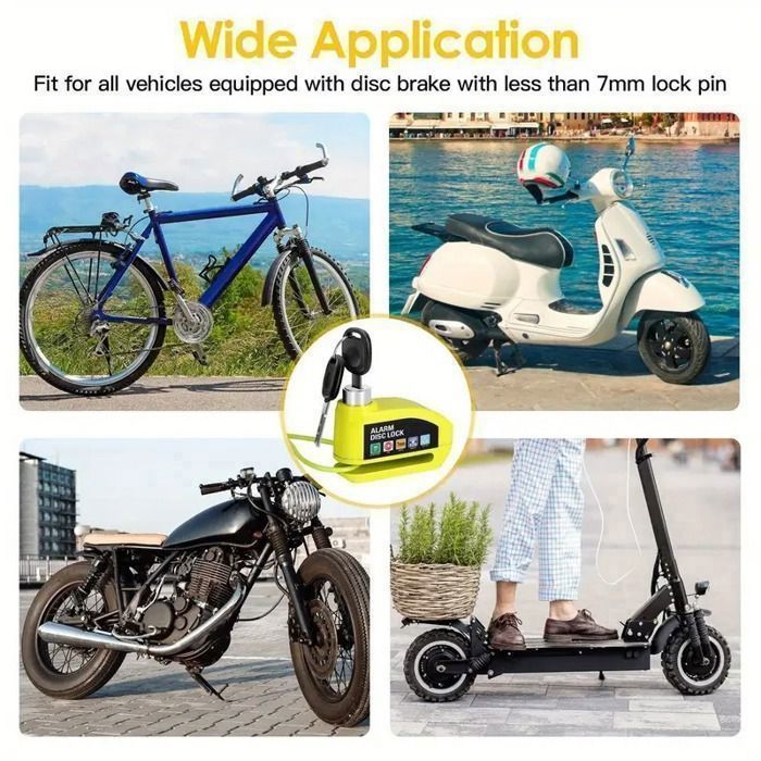 Candado de disco para motocicleta con alarma de 110 dB, reforzado, resistente al agua, cable recordatorio de 1,2 m, 2 llaves de seguridad, universal de 7 mm para motocicletas, scooters y bicicletas.