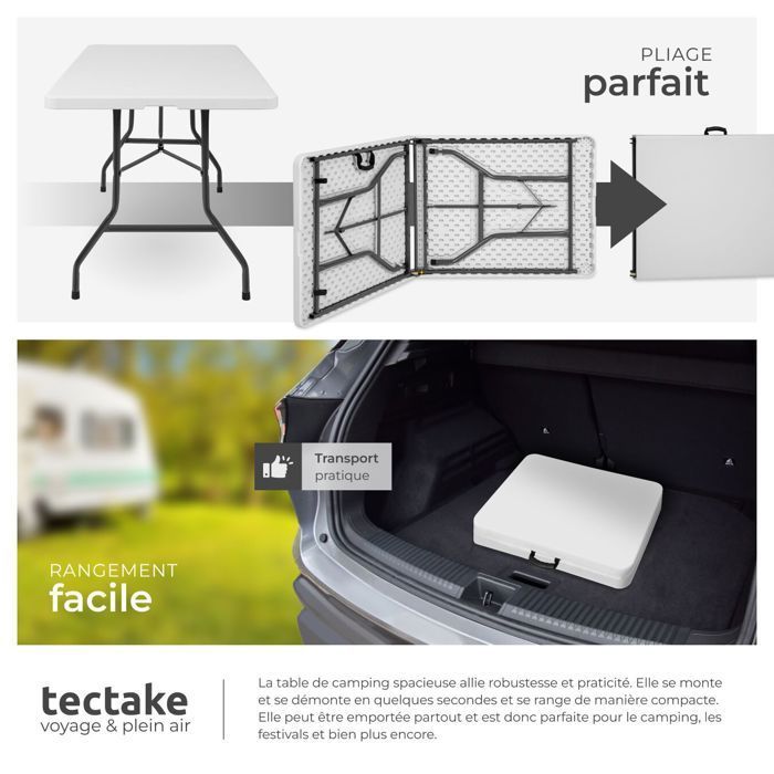 Mesa de camping - TECTAKE - Mesa plegable con correa de transporte incluida y patas antideslizantes 183 x 76 x 74 cm - Blanca