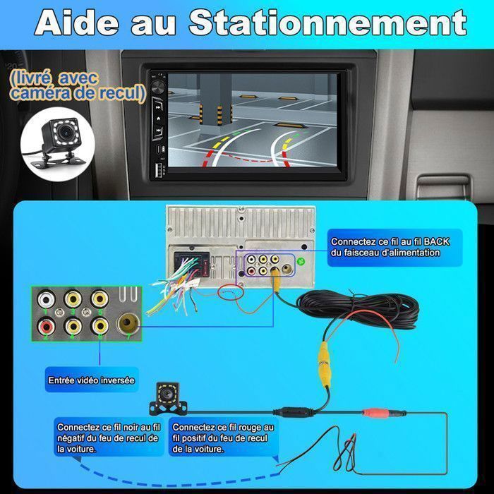 Autorradio AWESAFE 2 Din con CarPlay, Android Auto, conexión inalámbrica, pantalla táctil IPS de 7 pulgadas, Bluetooth, GPS, puerto USB tipo C, USB, entrada auxiliar y cámara de visión trasera.