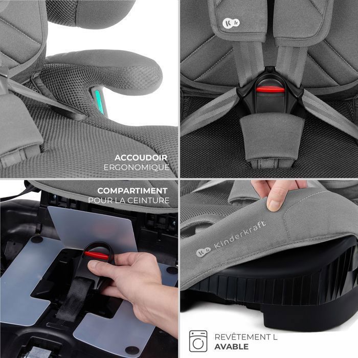 Seggiolino auto Kinderkraft FIX2GO I-SIZE, 76–150 cm, da 15 mesi a 12 anni, ISOFIX, schienale pieghevole, facile da trasportare, grigio.