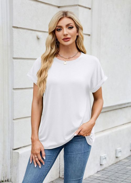 Dames T-shirt met korte mouwen en ronde hals, effen kleur, casual zomershirt, losse pasvorm, comfortabele stof - EU-maat - wit