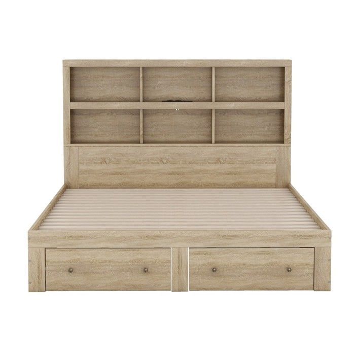 Cama doble King-size de 160x200 cm con plataforma natural, 2 cajones y cabecero, amplio espacio de almacenamiento (colchón no incluido), fabricada en aglomerado.