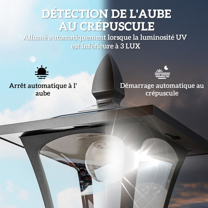 Outdoor lighting - HOMCOM - solar-powered floor lamp, classic LED lantern, 40 lm - plastic - 18x18x160cm - black