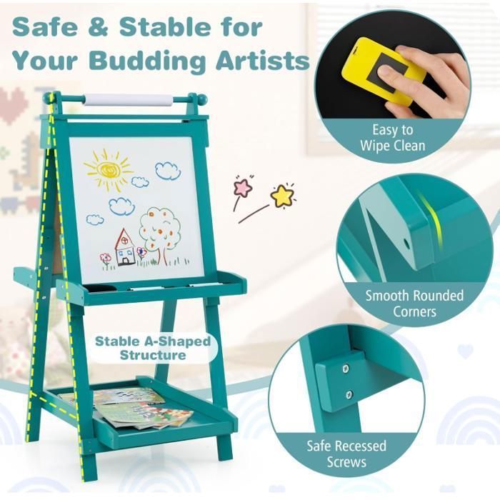 Caballete de doble cara DREAMADE para niños, caballete de pintura 3 en 1 con tablero blanco y negro, para niños de 3 años en adelante.