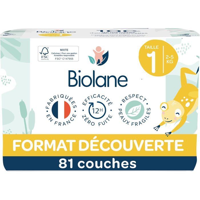 BIOLANE - Couches bébé taille 1 - (2-5 kg) - Peaux Sensibles - Demi pack 81 couches