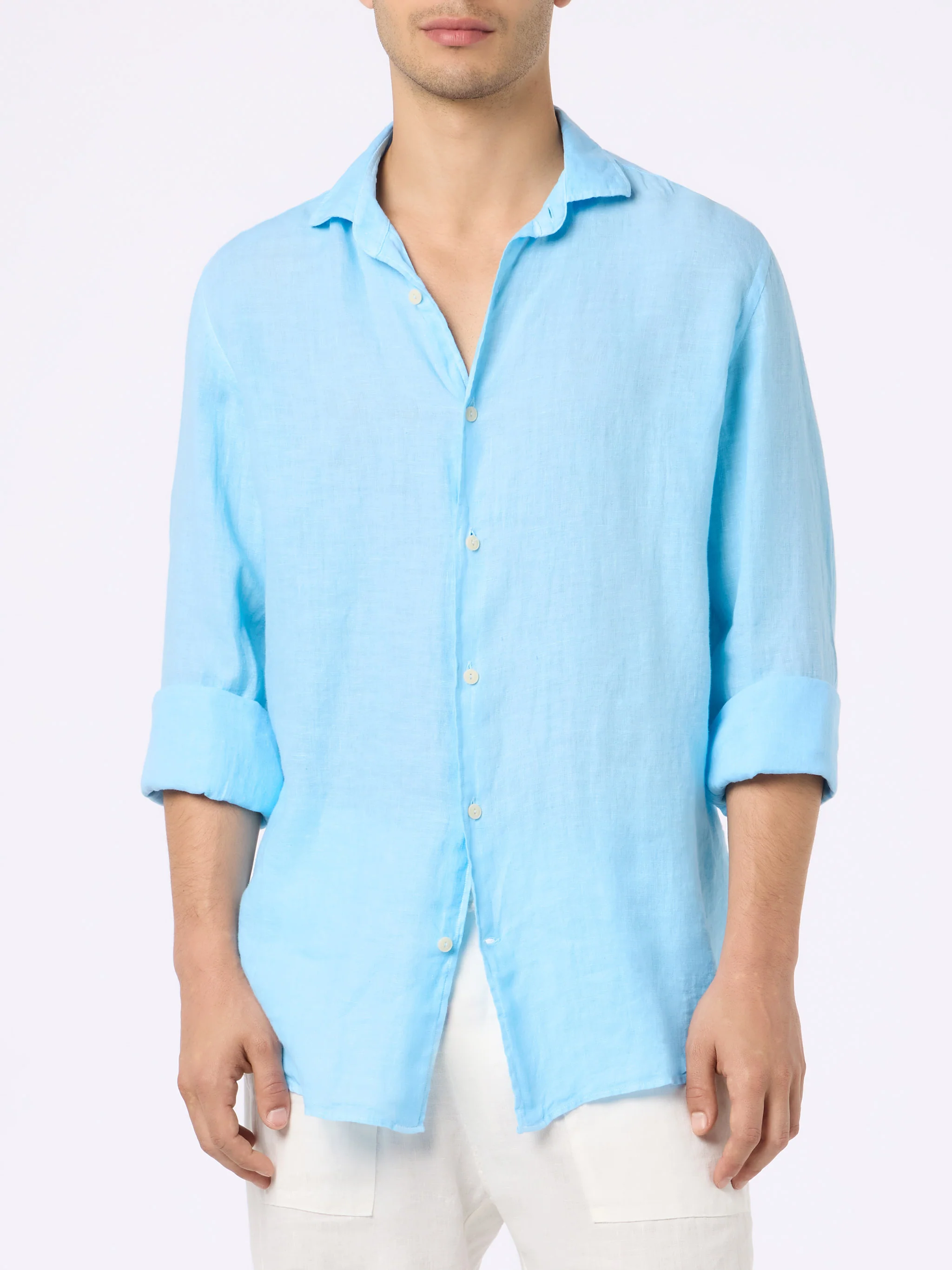 Pamplona Heren Linnen Shirt | Lichtblauw | Geverfd | Franse kraag | Normale pasvorm | 100% linnen | MC2 Saint Barth