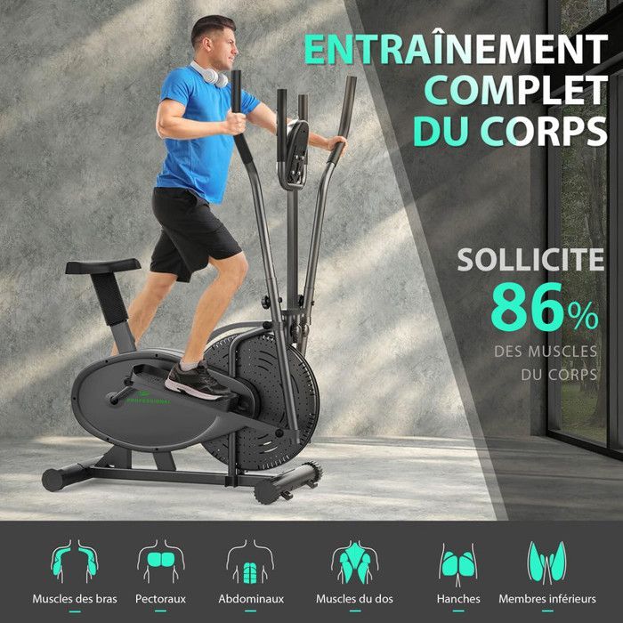 2-in-1 elliptical trainer for home use. 180° resistance, max 120 kg. LCD display, compact size for families and apartments, black.