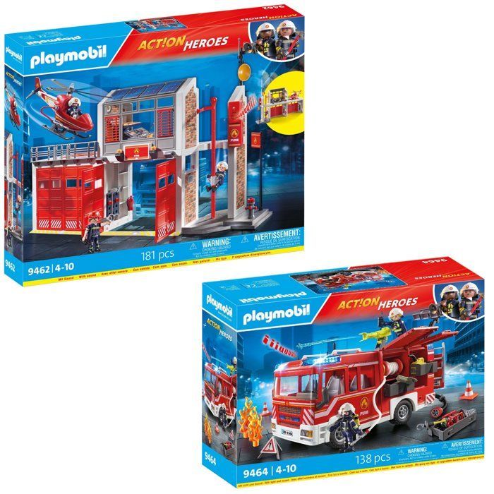 Playmobil pack Pompier Caserne de pompiers (9462) + Fourgon d'intervention (9464)