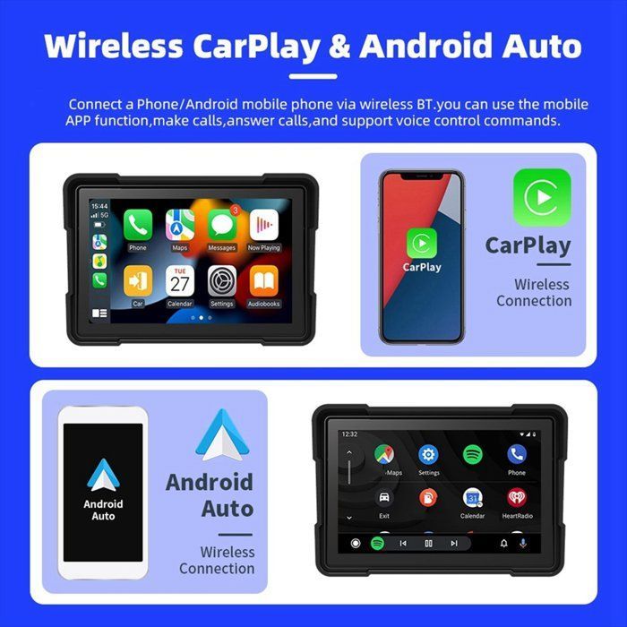 CarPlay inalámbrico para motocicletas, Android Auto, pantalla de 5 pulgadas, navegación GPS, resistente al agua, Bluetooth dual, grabadora de doble cámara.