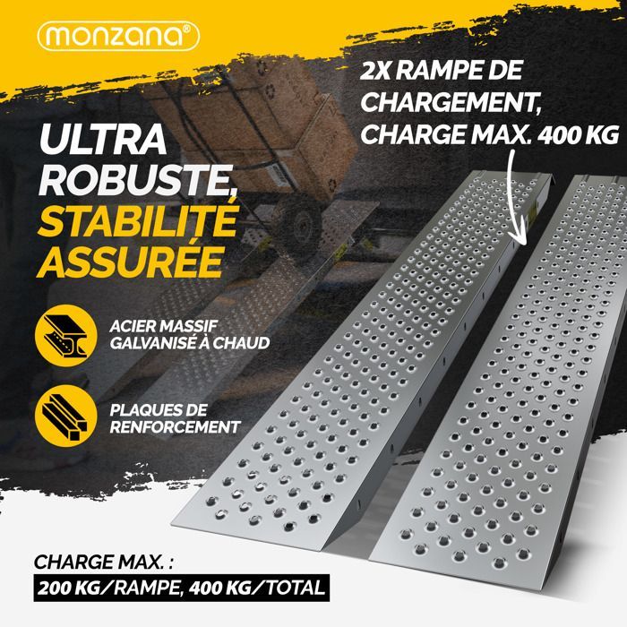 MONZANA® Juego de 2 rampas de carga de acero galvanizado, 160 cm, carga máxima 200 kg por rampa, superficie antideslizante, para motocicletas.