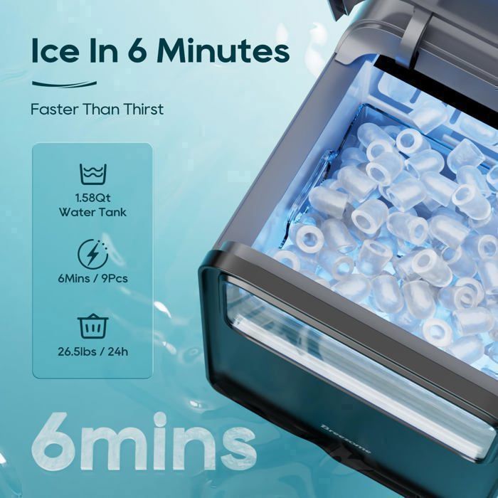 Máquina de hielo QEXREED - 1,5 L - 16 kg máx./24 h - Autolimpieza - 2 tamaños - 9 cubitos/6 min - Incluye cesta y pala