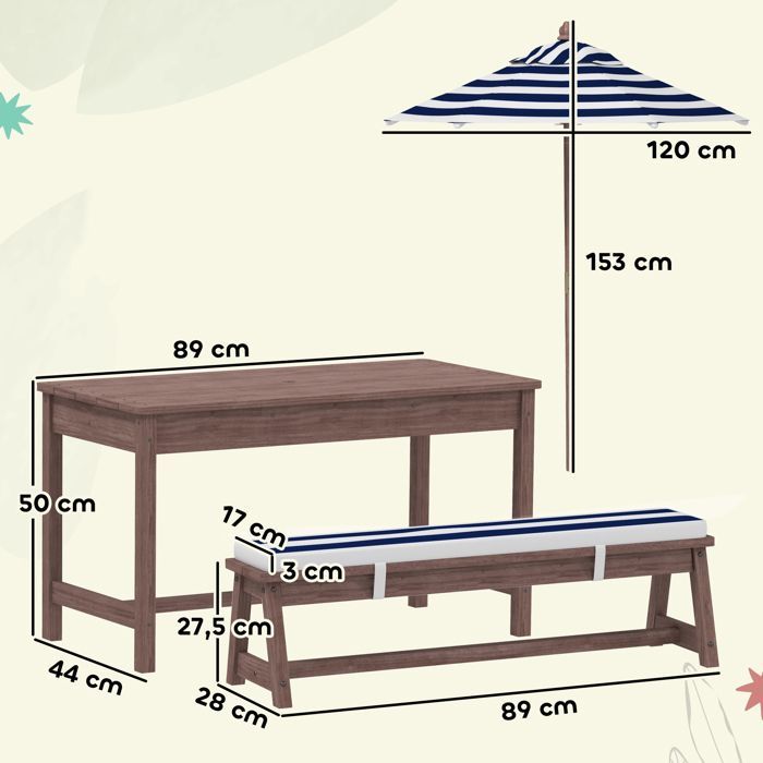 Conjunto de muebles de jardín infantiles para exteriores - AIYAPLAY - cojines y sombrilla desmontable - rayas azul marino y blancas