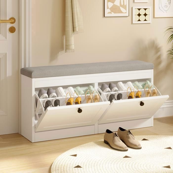 Meuble à Chaussures - VOWNER -Meuble d'entrée Rangement pour Chaussures - Banc de Rangement à Chaussures - 105 x 31 x 52 cm - Blanc