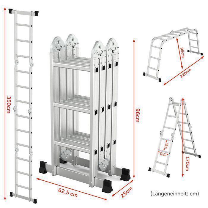 Escalera multifuncional OUTIGO, 7 en 1, plegable, de aluminio, con 2 ruedas, carga máxima 150 kg, 12 peldaños.