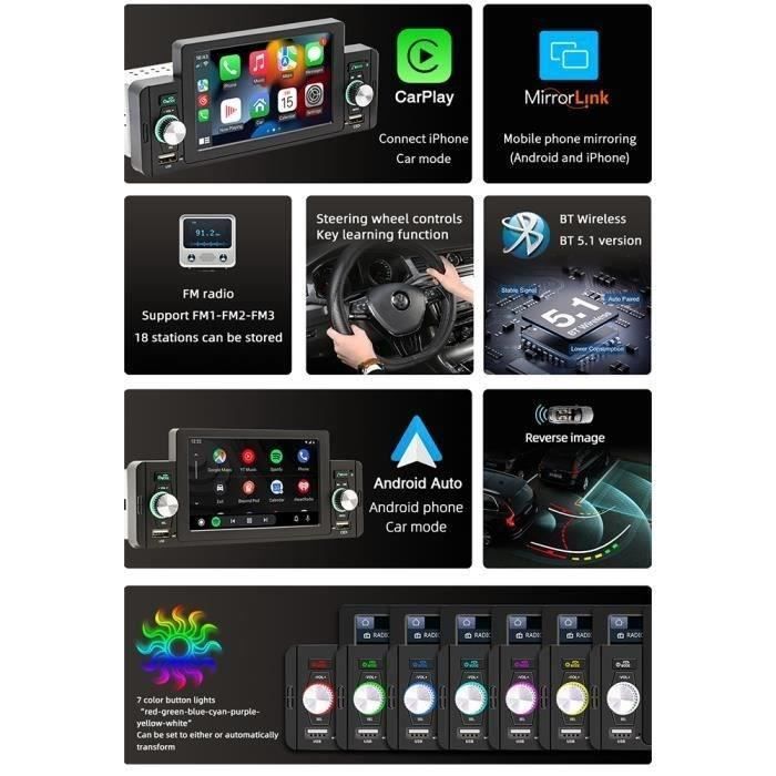 Radio para coche GEARELEC de 5 pulgadas con Bluetooth y formato 1DIN: compatible con CarPlay y Android Auto.