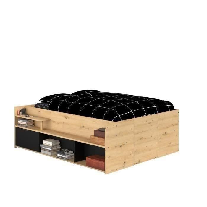 Cama con almacenamiento para adultos ODYSSEE - 140 x 190/200 cm - Con almacenamiento elevable - Acabado en roble y negro - 166,2 x 66,5 x 205,8 cm