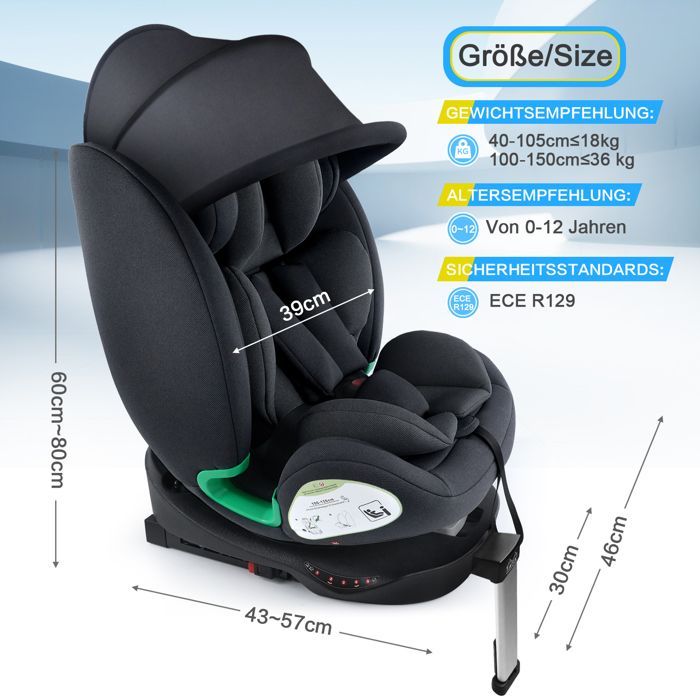 Silla de coche i-Size giratoria 360° - ISOFIX - 40-150 cm de 0 a 12 años (0-36 kg) - Capota y portavasos - Reposacabezas ajustable - Negra